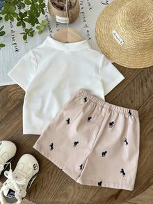 SHEIN LMoss Kids 2pcs Baby Boy Knitted Solid Color Polo Collar Casual Shirt And Shorts Set,Kids - Multicolor - View 2