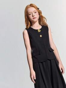 Maija Kids Maija Kids 少女黑色金属花卉图案搭扣吊带背心和阔腿裤休闲套装 - 黑色 - 查看 5