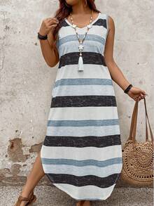 SHEIN PETITE Đầm kẻ sọc dáng rộng dành cho nữ, thích hợp cho mùa xuân/hè. - Nhiều màu - Xem 6