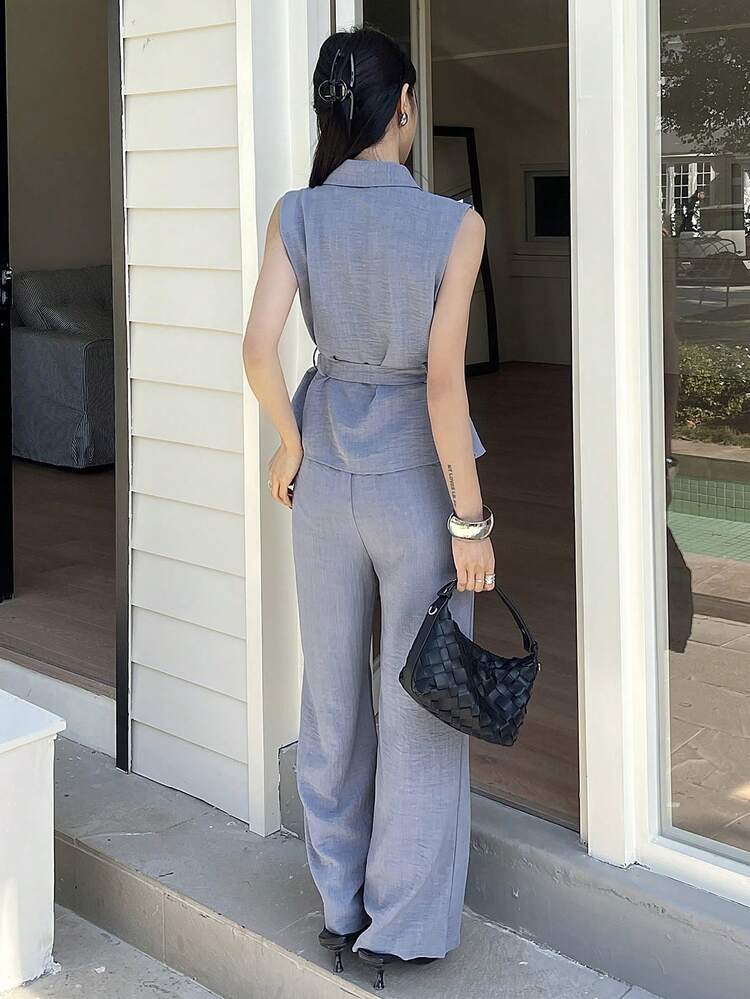 Women's Casual Solid Color Pocket Belt Vest & Wide Leg Pants 2 Pieces Set, Spring/Summer