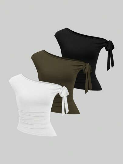 Sweetra طقم مريح من 3 قطع للنساء، تي شيرت بلون أحادي مع كتف مائل