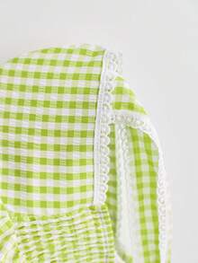 Elamini Camiseta de tirantes con volantes y lazo a cuadros, moda para mujer - Verde - Ver 4