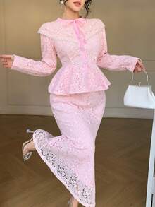 DAZY 2pcs/Set Fitted Long Sleeve Top And High Waist Bodycon Skirt Suit, Fashionable Women Outfit - Pink - View 8