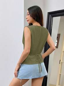 SHEIN EZwear 女士纯色V领系带亚麻背心，适合度假穿着 - 軍綠色 - 查看 2