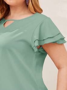 Reflora Plus Size Women's Solid Color Keyhole Neck Ruffle Trim Short Sleeve Elegant Blouse - Mint Green - View 5