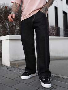 Artur Kramer Fashionable Sakura Embroidered Vintage Wide Leg Loose Fit Jeans - Black - View 2