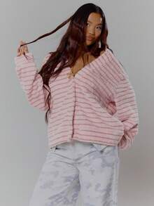 MUSERA Áo khoác cardigan dệt kim lông xù kẻ sọc dáng rộng phong cách đường phố cá tính, mùa đông gợi cảm, thường ngày, độc đáo. - Hồng - Xem 5