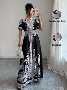 SHEIN Raffinéa Đầm dài dáng rộng tay ngắn, cổ đứng, thắt eo, in kỹ thuật số dành cho nữ của SHEIN Holidaya. - màu đen - Xem 4