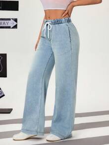 Flexra Women's Casual Everyday Commute Versatile Drawstring Waist Loose Wide Leg Jeans - Baby Blue - View 4