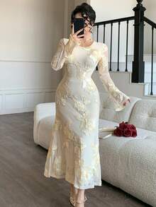 DAZY 女士优雅印花圆领中长连衣裙，春夏婚礼宾客礼服 - 杏色 - 查看 10