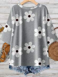 EMERY ROSE Floral Print Plus Size T-Shirt, Suitable For Vacation Spring - Multicolor - View 2