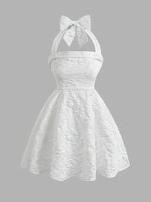 Girlism Teen Girls White Jacquard Halter Bow Elegant Dress - White - View 1