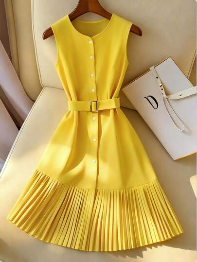 Franclia Vestido elegante para mujer, vestido tipo cárdigan de cuello redondo, vestido con dobladillo plisado, vestido de estilo universitario, vestido amarillo, primavera/verano