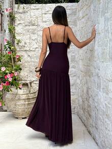 Aloruh Purple V-Neck Sleeveless Mesh Maxi Knit Dress - Purple - View 2