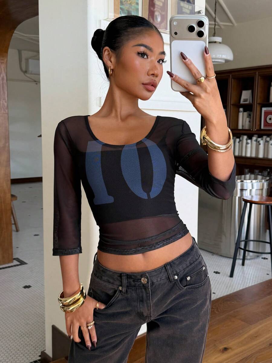 Muchica Women's Black Mesh Fabric Numeric Pattern Tight Fit 3/4 Sleeve T-Shirt, Reversible Front And Back - Black - View 1