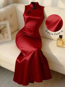 SHEIN LUNE 女士酒红色中国结腰身A字休闲日常通勤外出下午茶约会度假春节无袖中长连衣裙，春夏款 - 酒紅色 - 查看 1