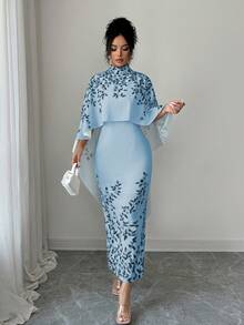 SHEIN Elenzya Elegant High Collar Floral Print Midi Dress With Cape - Blue - View 3