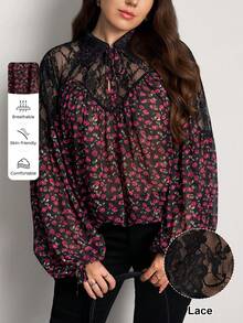 Comfylo 大码女式花卉撞色蕾丝优雅时尚上衣，适合度假、夏季外出、生日、海滩、情人节等场合。 - 彩色 - 查看 3