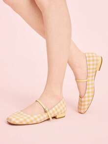 CUCCOO DOLLMOD Zapatos de mujer de punta cuadrada plana tipo Mary Jane a cuadros, estilo campus, tacón bajo lindo, zapatos de primavera color rojo para primavera, vacaciones de primavera y Pascua - Naranja Quemada - Ver 3