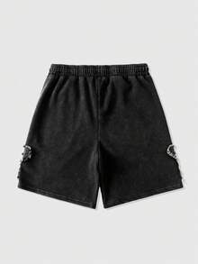 ROMWE MEN Pantalones cortos holgados para hombre con lavado y bordado de estrellas - Negro - Ver 3