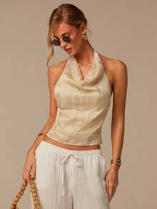 COSMINA Draped Neck, Plunging Neckline Design, Striped Embroidery Details, Elegant Blouse, Apricot Blouse, Fashionable Item, Versatile Blouse, Elastic Back Design, Suitable For Dates, Street Photography - Apricot - View 4