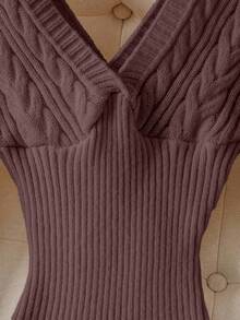 Franclia V-Neck Long Sleeve Ribbed Casual Long Knit Sweater Dress - Coffee Brown - View 4