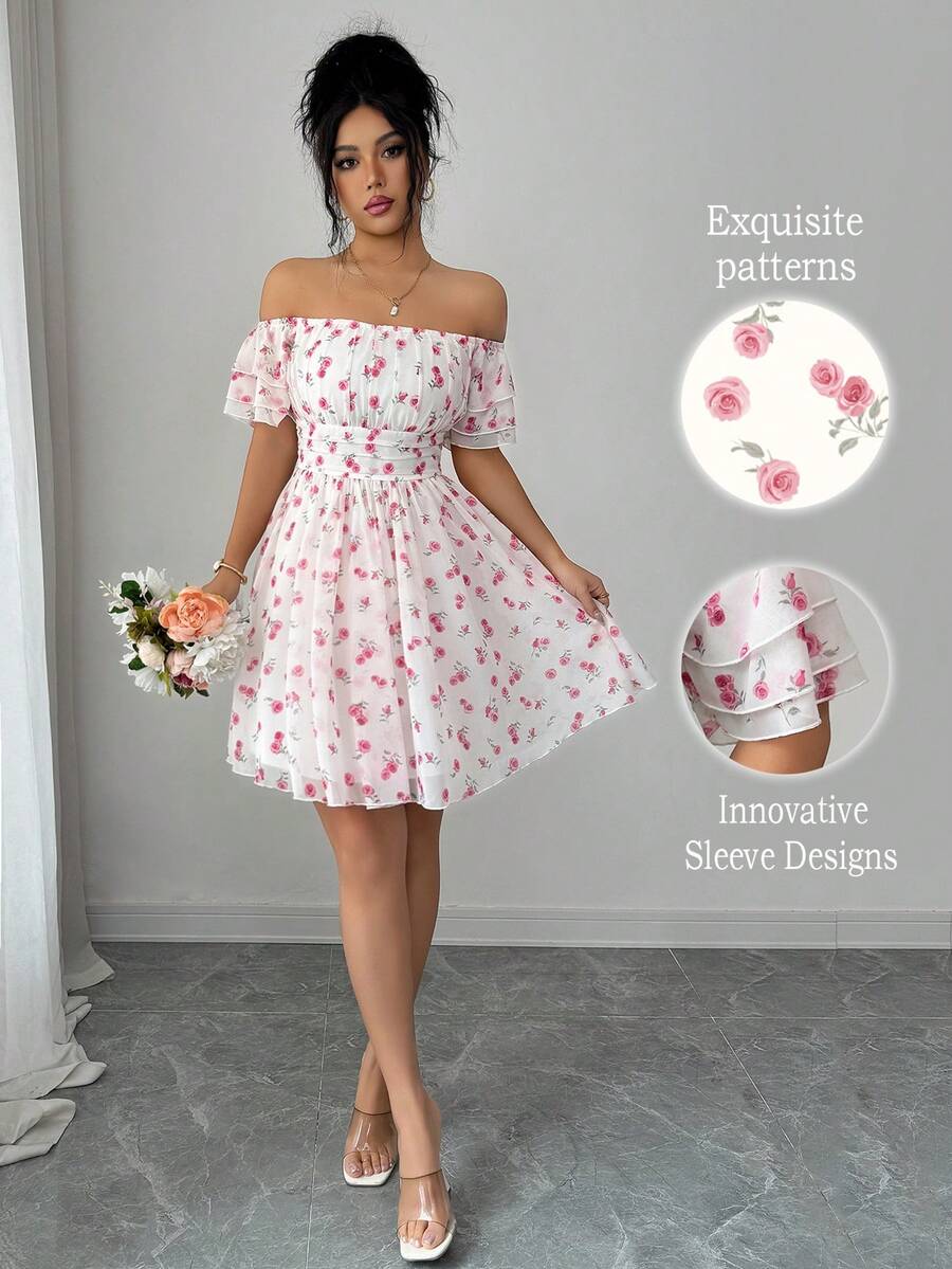 Elenzga فستان أنيق وأنثوي بأكمام مكشكشة وطبعة زهور صغيرة على كتف واحد بقصة A-line قصير، مناسب للمواعيد والخروجات والعطلات، بطراز منعش، ضروري للتصوير الفوتوغرافي، متعدد الاستخدامات، للربيع والصيف - متعدد الألوان - مشاهدة 1