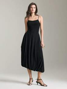 Ontre Women's Elegant Summer Mid-Length Dress,Black Solid Color With Pleats,Waist-Cinching Asymmetric Design,Relaxed Fit For Day Party,Weddings&Office Wear - Black - View 5