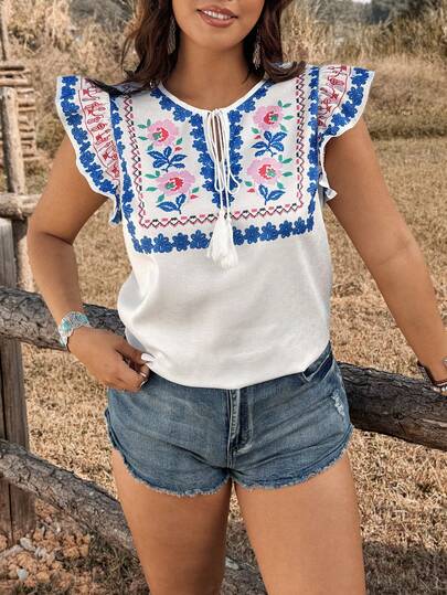 Ceyna Plus Size Women Floral Print Casual Tie-Front Short Cap Sleeve Blouse