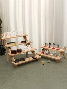 1pc Wooden Multi-Tier Jewelry Display Stand, Earrings Rings Necklace Organizer Holder For Live Stream, Display, Storage, Small Items Collection - Beige - View 3