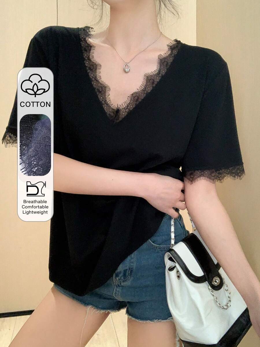 DAZY Áo thun nữ tay ngắn họa tiết ren vá màu trơn đơn giản - màu đen - Xem 1