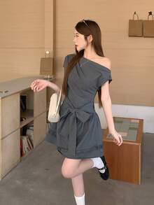 DAZY Đầm midi trễ vai thanh lịch dành cho nữ, thắt eo, chân váy xòe, đầm hè. - Xám - Xem 6