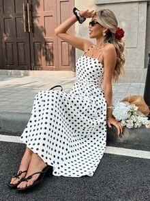 SHEIN PariChic Women's French Style Vacation Casual Polka Dot Print Spaghetti Strap Dress, Spring/Summer - White - View 6