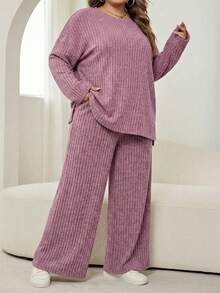 SHEIN CURVE+ Plus Size Crew Neck Drop Shoulder Long Sleeve Loose Ribbed 2 Pieces Set - Dusty Pink - View 5