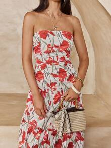 Enchnt 女士优雅蕾丝长款抹胸连衣裙，夏季 - 玫紅色 - 查看 2