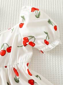 Cozy Pixies 少女甜美樱桃印花圆领泡泡袖腰部喇叭V领连衣裙 - 紅白色 - 查看 5