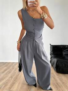 SHEIN EZwear 女士时尚斜肩编织背心裤套装（2件套），灰色 - 灰色 - 查看 5