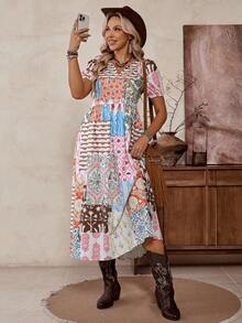 LanaWest 女士波西米亚风泡泡袖连衣裙，时尚V领系腰带随机印花连衣裙 - 彩色 - 查看 3