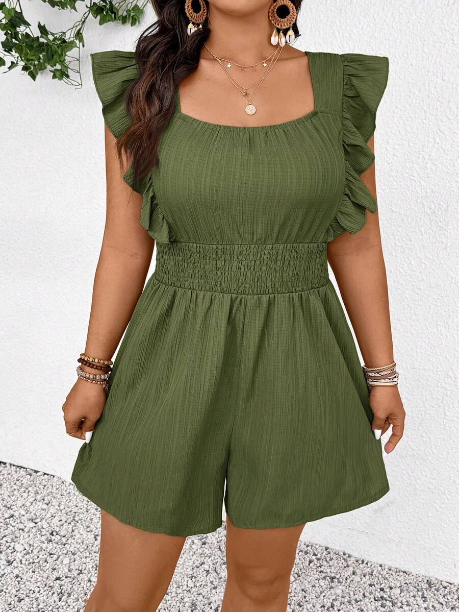 SHEIN Frenchy Plus Size Women Solid Color Cap Sleeve Drawstring Waist Jumpsuit - Army Green - View 1