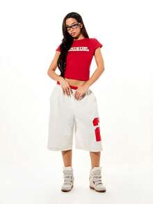 SUMWON WOMEN Áo thun ngắn tay dáng crop top in hình công chúa, cổ tròn, chất liệu cotton pha, kiểu dáng cơ bản, thoải mái hàng ngày. - Đỏ - Xem 3