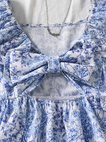 少女夏季，春夏过渡，蓝色碎花褶皱泡泡袖衬衫，乡村度假风，夏季蓝色上衣，条纹碎花荷叶边纸袋上衣，可爱夏季上衣，夏季碎花上衣 - 藍白色 - 查看 5