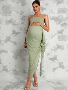 MaterniChic Maternity Summer Sage Green Elegant Party Pregnant Spaghetti Strap Ruffle Hem Dress For Photography,Baby Shower,Wedding Guest And Luxury Evening Out - Green - View 4
