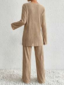EURMUSE Women's Solid Color Textured Loose Casual Two Piece Set - Beige - View 2