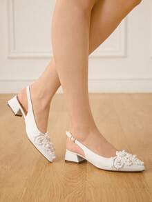 CUCCOO HITCHD 25厘米春夏新款浪漫优雅尖头珍珠装饰中跟白色露趾高跟鞋，新娘婚鞋