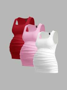 Modmama 3pcs Maternity Women's Solid Color Slimming Tank Tops, Casual & Simple, Perfect For Summer - Red - View 3