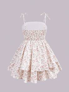 SHEIN 少女编织小碎花泡泡褶双层连衣裙，休闲吊带法式仙女裙，优雅长袖蛋糕裙，适合秋冬季日常休闲穿着及上学，也适合圣诞节、假期、派对、生日、情人节、婚礼季、公主裙等场合。 - 白色 - 查看 6