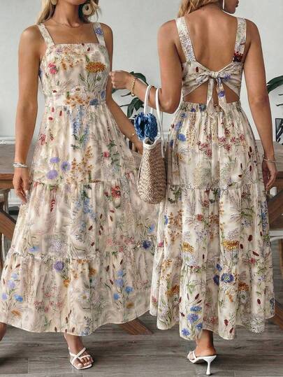 EMERY ROSE Plus Size Women Floral Print Waist Cinched Casual Vacation Commute Sleeveless Dress Women Sundress Summer Garden Party Dresses Cotton Summer Dresses Mushroom Dress Wildflower Dress