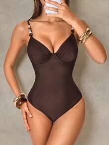 Shapewave Bộ bikini nữ mùa hè, kiểu dáng thường ngày, màu nâu đậm, đính hạt cườm, dây đeo có thể điều chỉnh, có chức năng định hình vòng bụng. - Cà phê nâu - Xem 7