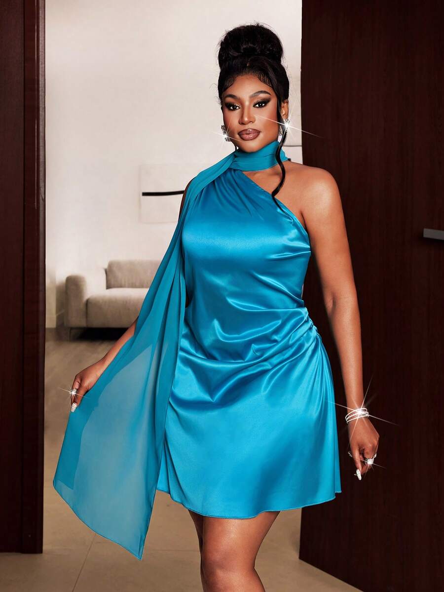 Maweii Plus Size City Vacation Style Tie Neck Sleeveless Asymmetric Shoulder Short Elegant Blue Dress, Women's Graceful Dress, Suitable For Party, Festival, Banquet, Date - Mint Blue - View 1