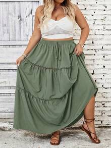 SHEIN CURVE+ 大码休闲纯色半身裙，波西米亚度假风 - 軍綠色 - 查看 3